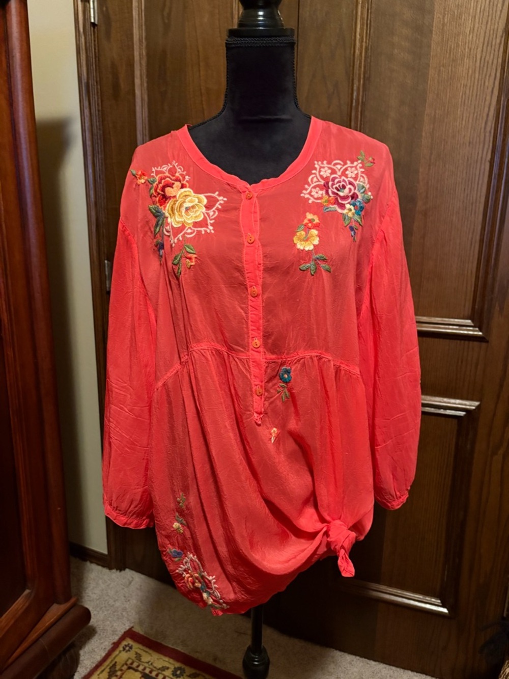 Johnny Was Bright Coral Embroidered Tunic